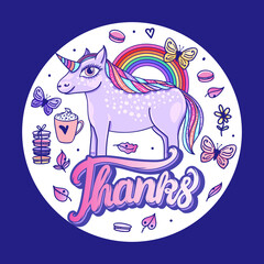 Round sticker with a unicorn and a rainbow and the inscription Thanks. Hand drawing cute design. Vector illustration - 422749911