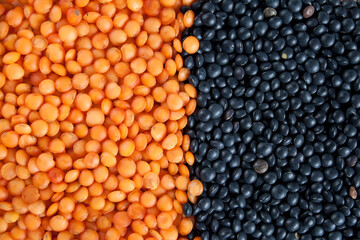 Black and red lentils lying on table