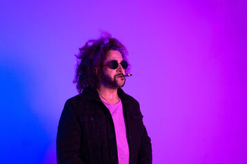 Portrait of an Afro-American hipster man, afro hair, in the style of the 80s and 90s, steampunk glasses, blue and purple neon lights. smoking cigarette joint.