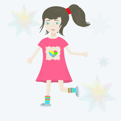 Cute little girl in red dress with colorful stars, isolated illustration, vector graphics