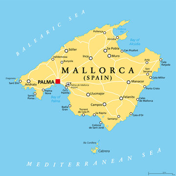 Mallorca political map, with capital Palma and important towns. Majorca, largest Island of the autonomous community of the Balearic Islands, and part of Spain, located in the Mediterranean Sea. Vector