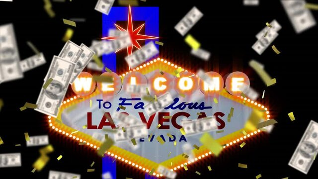 Animation of confetti and american dollar bills falling over las vegas neon sign on black background
