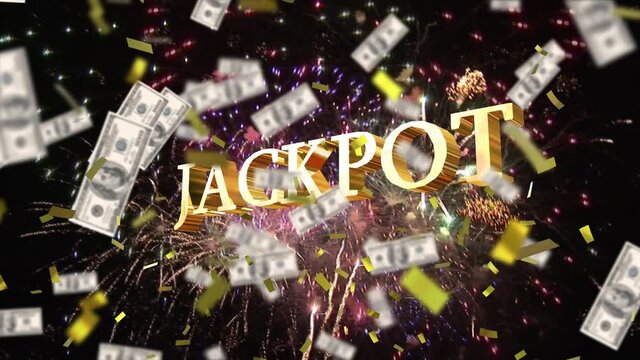 Animation of confetti and american dollar bills falling over jackpot text and fireworks