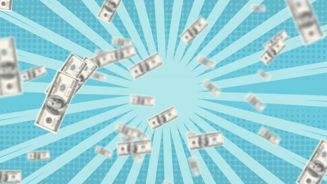 Animation of confetti and american dollar bills falling on spinning blue stripes in background