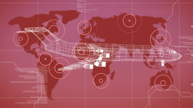 Animation of data processing and locations pulsating on world map and 3d airplane drawing on red