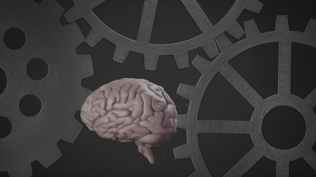 Animation of spinning human brain over turning metallic cogs on grey background