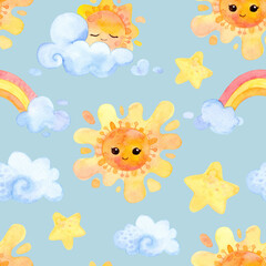 Watercolor illustration. Cartoon weather. Seamless pattern. Cloudy sky, sun, rainbow, stars.