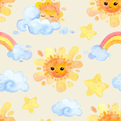Fototapeta na wymiar Watercolor illustration. Cartoon weather. Seamless pattern. Cloudy sky, sun, rainbow, stars.