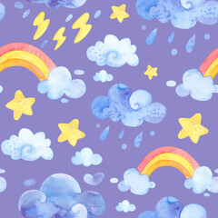 Watercolor illustration. Cartoon weather. Seamless pattern. Cloudy sky, rain, rainbow, stars.