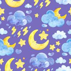 Watercolor illustration. Cartoon weather. Seamless pattern. Cloudy sky, rain, moon, stars.