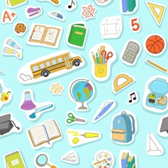 Seamless pattern with hand drawn school supplies and objects. Can be installed in any size without seams. Back to school vector illustration