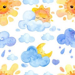 Watercolor illustration. Cartoon weather. Seamless pattern. Cloudy sky, rain, sun, moon.