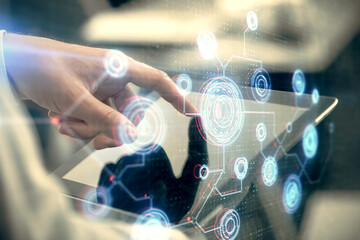 Multi exposure of man's hand holding and using a digital device and data theme drawing. Innovation concept.