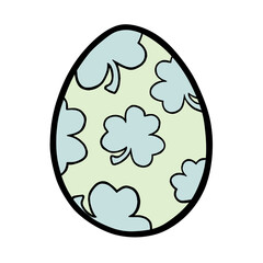 Colorful pastel Doodle Easter Egg with clover on white silhouette. Hand drawn cartoon style, decoration for any design. Vector illustration of kid and holiday. 