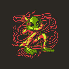 t shirt design alien in aiming position with gun illustration