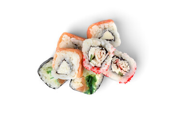 Sushi rolls assortment isolated on white background. Maki california rolls. Japanese food.