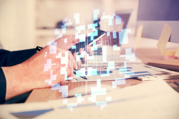 Multi exposure of man's hands holding and using a digital device and data theme drawing. Innovation concept.
