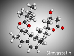 Simvastatin, molecule. It is belongs to the statin class, lipid-lowering drug. Molecular model. 3D rendering. 3D illustration