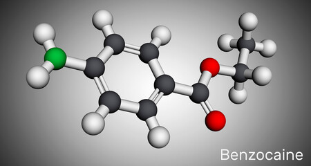 Benzocaine molecule. It is local anesthetic. Molecular model. 3D rendering