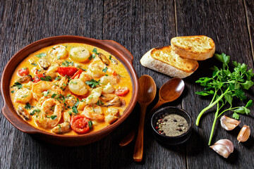 seafood saute in a bowl, top view