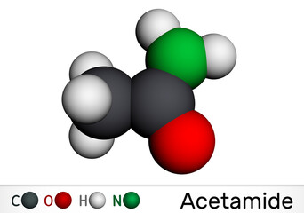 Acetamide, ethanamide molecule. It is a monocarboxylic acid amide. Molecular model. 3D rendering