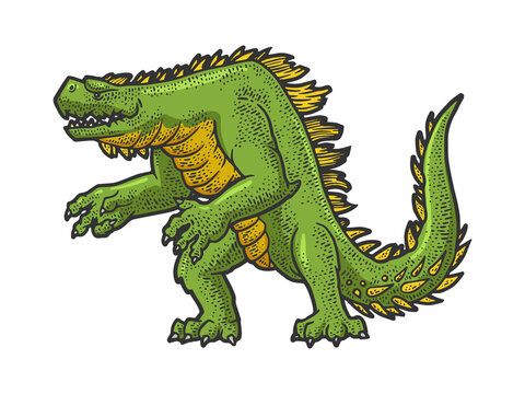 Cartoon dinosaur monster animal color sketch engraving vector illustration. T-shirt apparel print design. Scratch board imitation. Black and white hand drawn image.