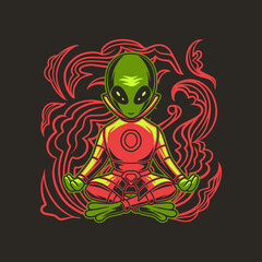 t shirt design alien gymnastics sitting pose yoga illustration