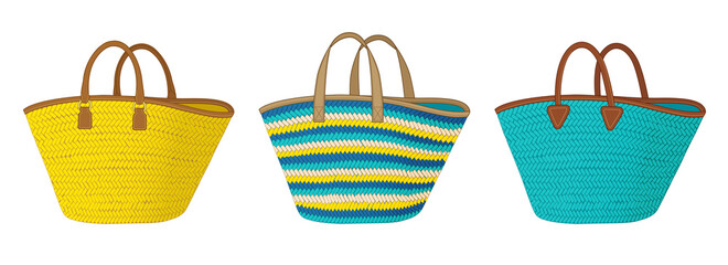 Set of straw bags with different handles, colorful tote bag, summer beach bag vector illustration