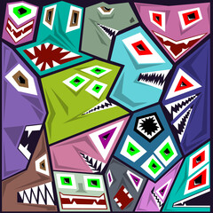 Fototapeta premium A set of color angular images of monsters on a dark background, an illustration for wallpaper on the wall and other purposes.