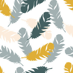 Creative bird feathers. Seamless pattern in trendy colors for printing on fabric, paper, interior design, bedding, decorative textiles. 