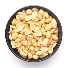 Close up of Salted Peanuts Indian namkeen (snacks) on a ceramic white bowl. Top view
