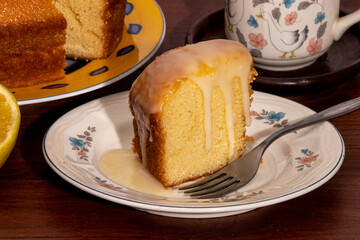 Homemade orange farm cake with icing on top