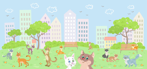 A group of cute cats walks in the summer city park. In cartoon style. Vector illustration.