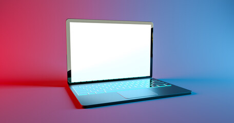 Mockup gaming laptop with color led keyboard glow. 3d render