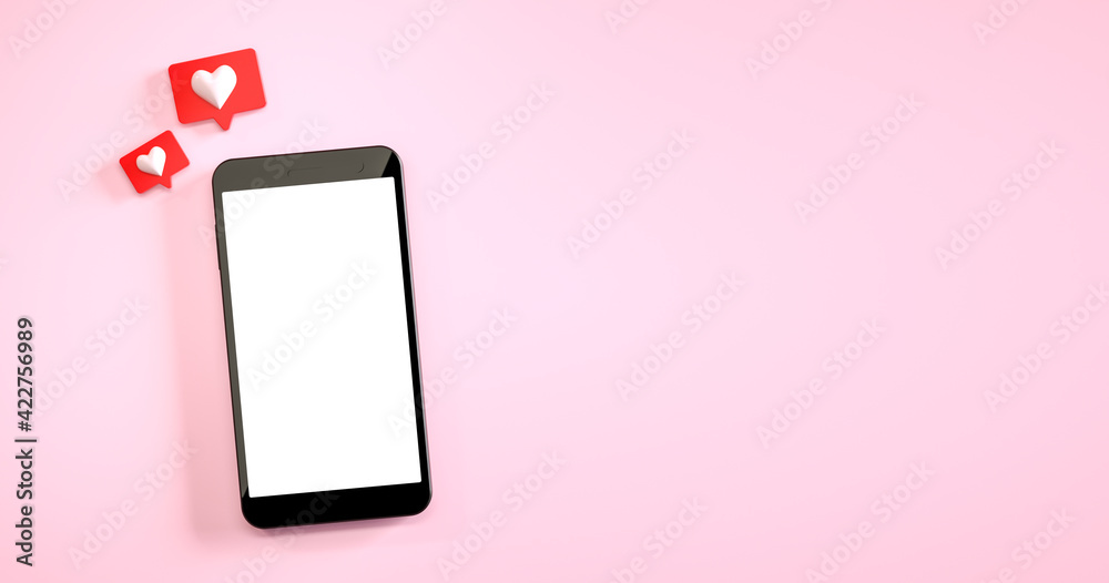 Wall mural mobile phone mockup with a like notification at pink background. 3d rendering