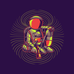 t shirt design astronauts sit cross-legged with a gun illustration