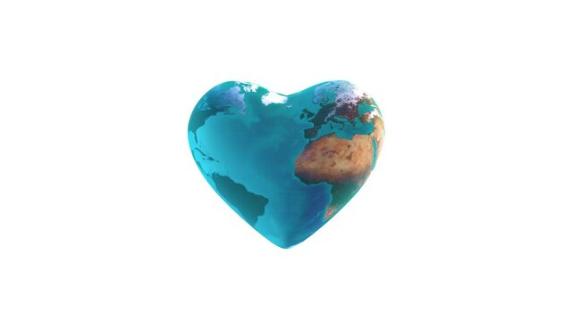 Planet Earth with heart shape beating in loop with version isolated on white background and another version isolated with green screen 