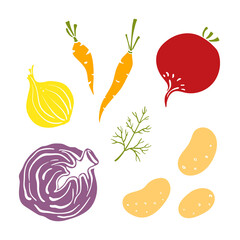 Onion, carrots, beetroot, cabbage, potatoes, dill. Colorful sketch collection of vegetables isolated on white background. Doodle hand drawn vegetable icons. Vector illustration