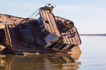 Environmental disaster in the Aral Sea, old ships in the place of the dried up sea. Central Asia,...