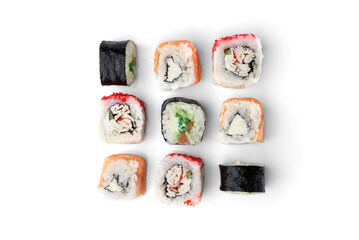 Sushi rolls assortment isolated on white background. Maki california rolls. Japanese food.