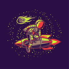 t shirt design astronauts ride rockets sideways and against a meteor backdrop rocket illustration