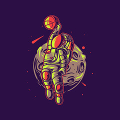 t shirt design astronaut astronaut with moon background basketball illustration