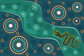 Landscape with snake in decorative ethnic style. Australia culture art  with river and serpent. Aboriginal style of dot painting. For flyer, poster, banner, placard, brochure.Stock vector illustration © kajani