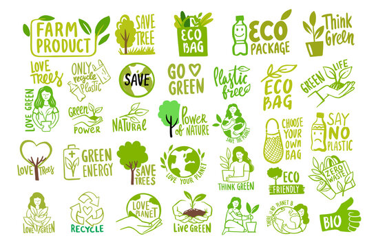 Big set of Ecologic labels. Eco safe emblems, green safe plant. Sticker zero waste