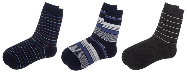 Three pairs of stripe cotton-blend socks of blue and grey colors isolated on a white background