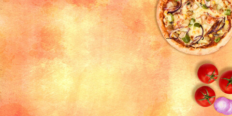 Pizza Hintergrund Vorlage Pizzeria Lieferservice Bestellung Menü Speisekarte Zutaten Mehl orange gelb rustikal Belag Käse Tomaten Eier Gewürze Küche Gemüse Essen zubereiten mediterran Italiener 