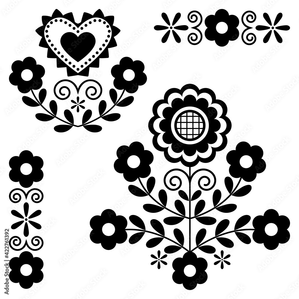 Wall mural Cute Polish Floral folk art vector monochrome design elements inspired by traditional highlanders embroidery Lachy Sadeckie from Nowy Sacz in Poland 
	