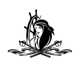 beautiful pirate woman with sabre sword, pistol gun and ship steering wheel - adventurous sea captain black and white vector portrait