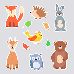 Vector set of color drawings of forest animals. Bear fox owl Hare hedgehog bird Deer trees. A set of stickers with an outline.