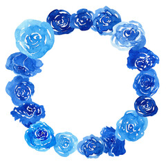 Fototapeta premium Watercolor floral circle frame. Blue leaves and flowers wreath. Nature foliage